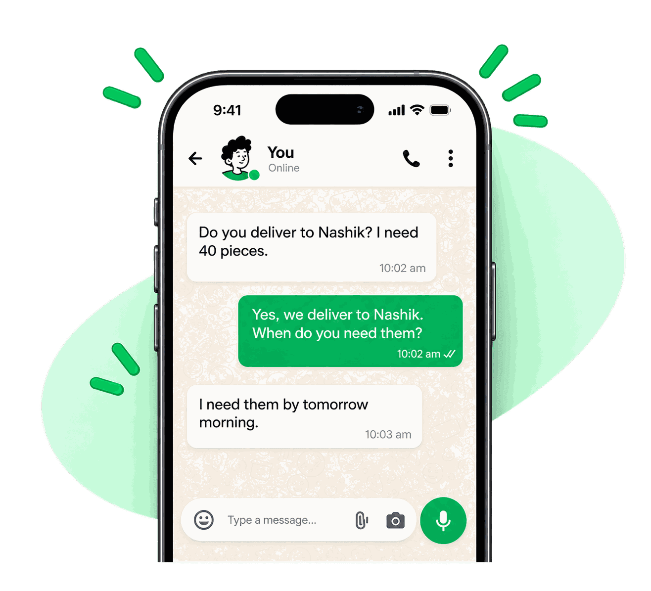 A WhatsApp chat on a phone: a lead asks whether you deliver to Nashik and Axgen replies that you do and asks when they need the pieces.