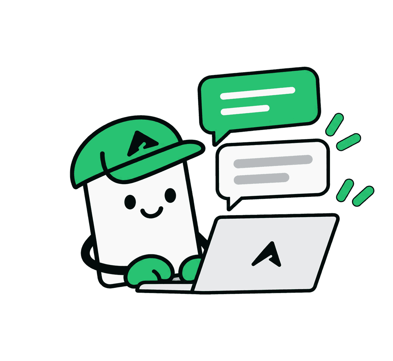The Axgen mascot types on an Axgen laptop while a green reply bubble and a grey incoming bubble sit above.
