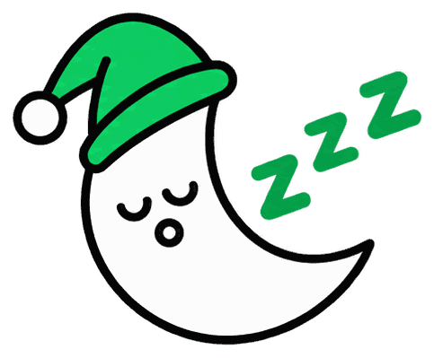 A crescent moon in a nightcap, fast asleep.