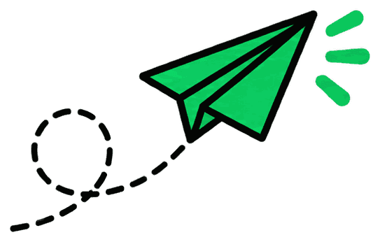 A paper aeroplane flying off on a single looping path.