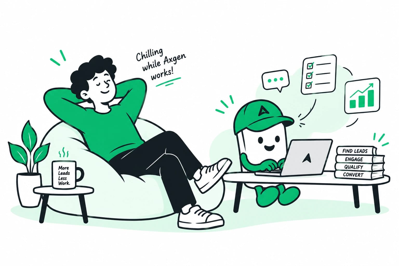 A business owner leans back in a bean bag with a mug reading more leads less work, while the Axgen mascot works at a laptop beside a checklist, a chat bubble, a rising chart and a stack of books labelled find leads, engage, qualify and convert.