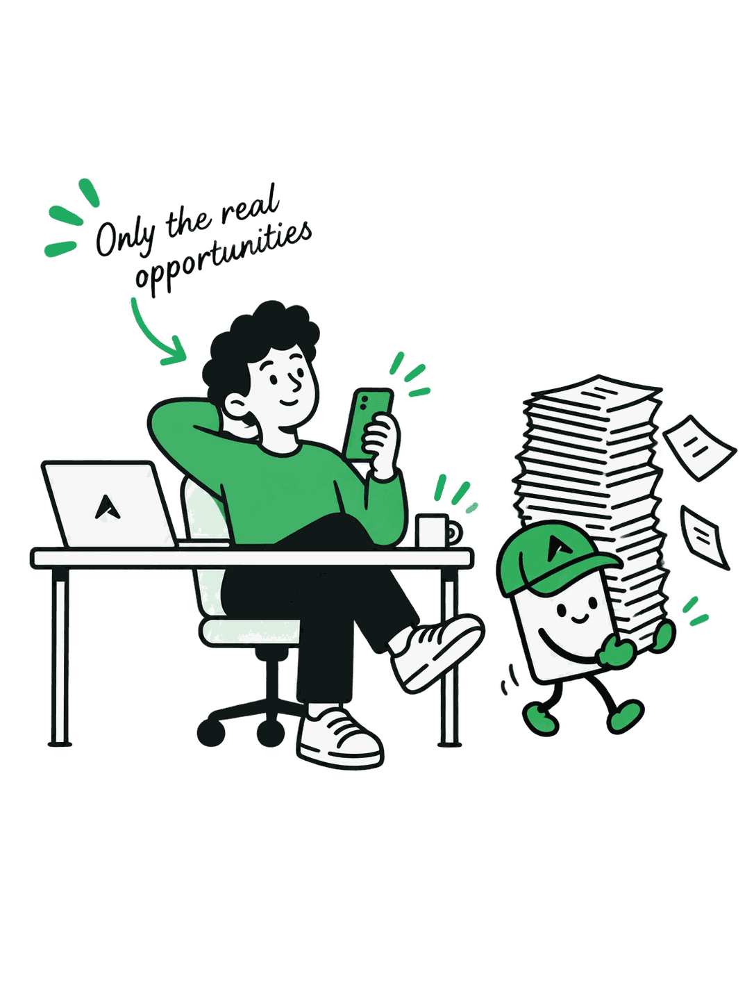 A business owner sits back at his desk with his phone while the Axgen mascot carries away a tall stack of paperwork, under a handwritten note reading only the real opportunities.