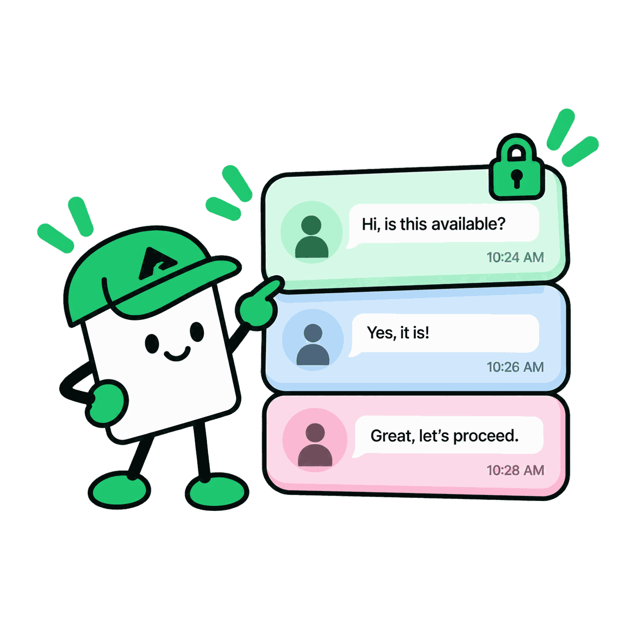 The Axgen mascot points at a stack of three saved chat cards with timestamps and a padlock badge.