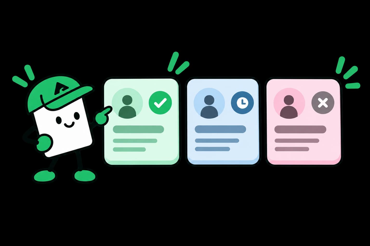 The Axgen mascot points at three lead cards marked handled, waiting and closed.