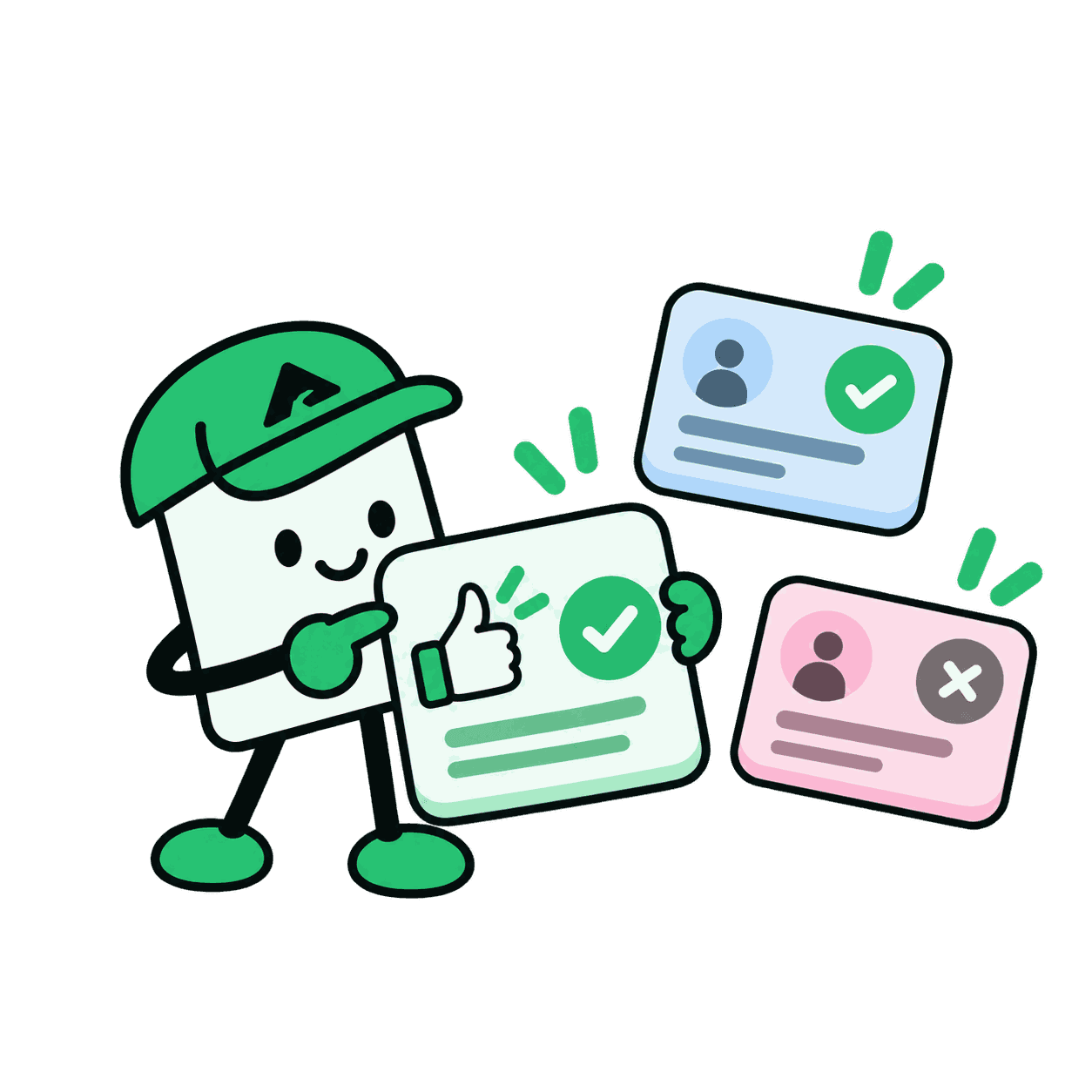 The Axgen mascot holds an approval card with a thumbs up beside one approved and one rejected sample lead.